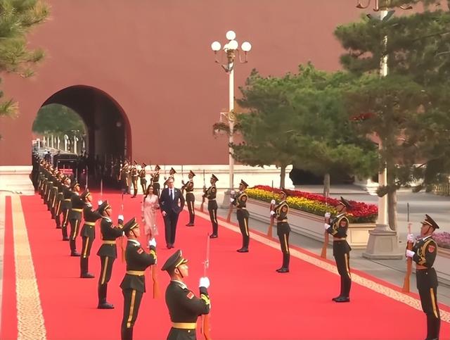 武契奇夫人观看阅兵美翻了！粉色玫瑰花裙好温婉，挽着武契奇很甜