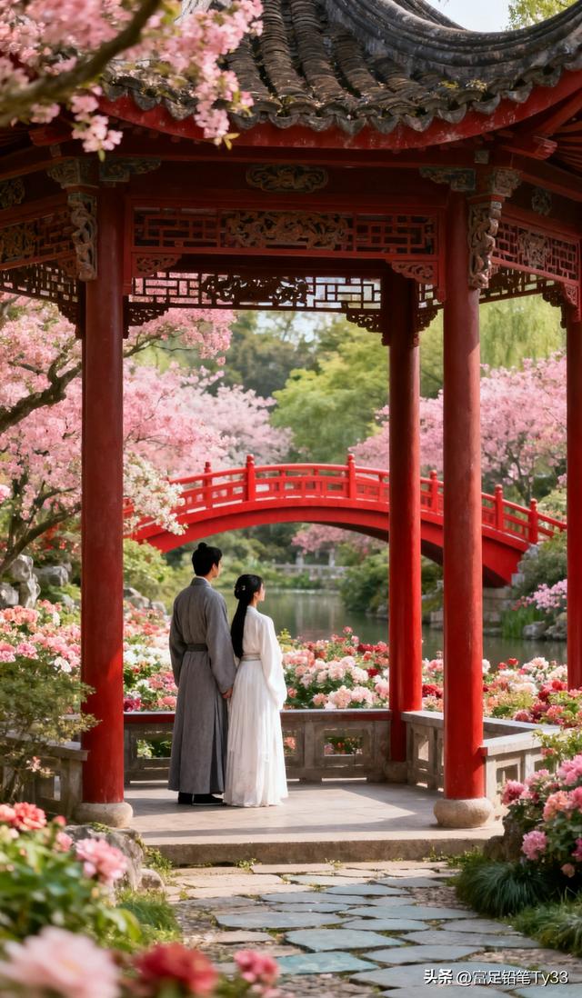 在古风园林中，情侣共享浪漫时光，花海与红桥相映成趣！