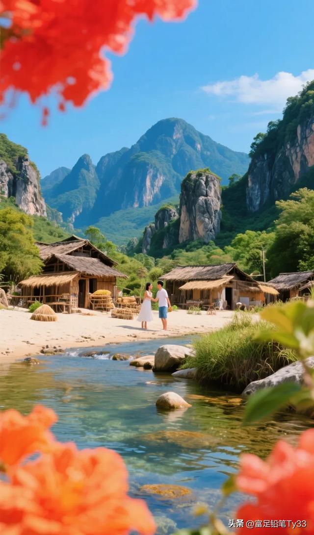 “山间小溪边，情侣漫步，如画美景，心旷神怡”