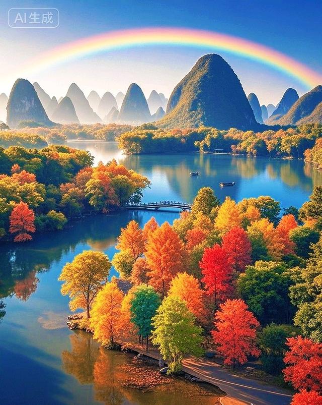峰林秋意浓，碧水染层林