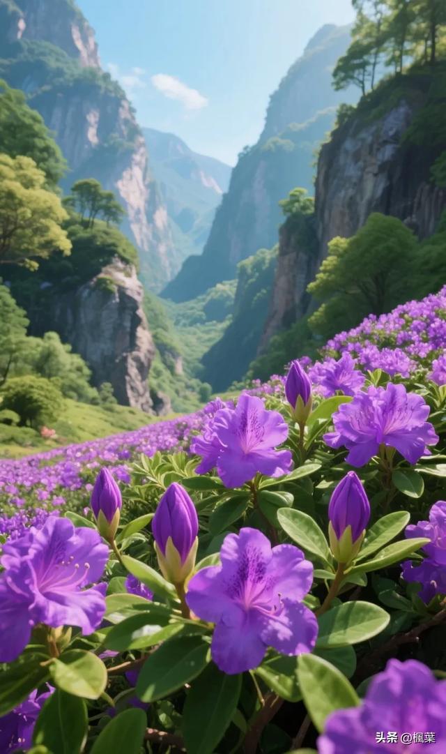 紫色杜鹃花盛开，山谷里独特的风景。