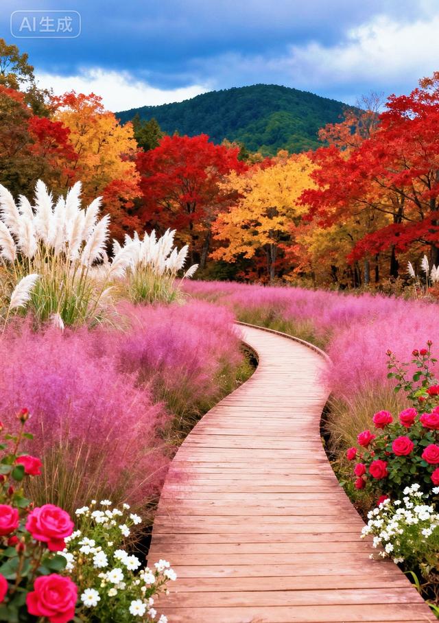 粉雾裹木径，秋林藏艳色