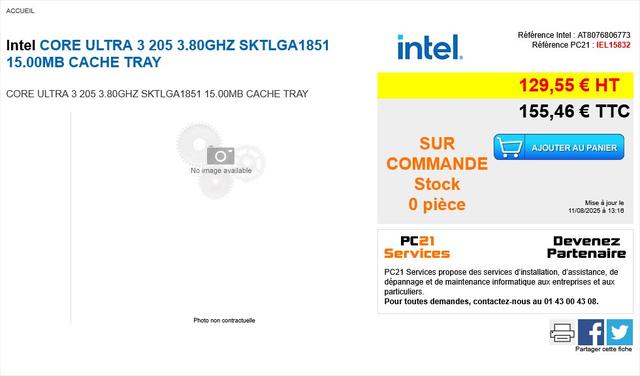 法国零售商上架Core Ultra 3 205：8核+15MB缓存，价格为149美元