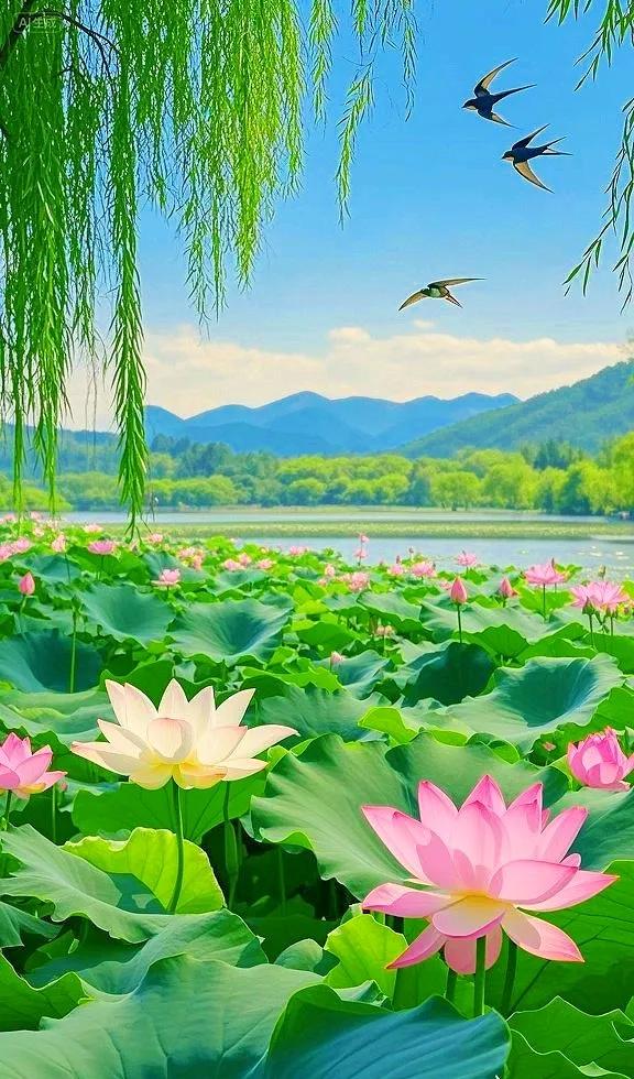 荷叶卷绿浪，荷花映远山，景色太美了！