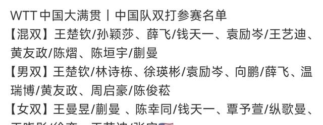 官宣！孙颖莎、王楚钦领衔，WTT北京大满贯国乒名单全部出炉