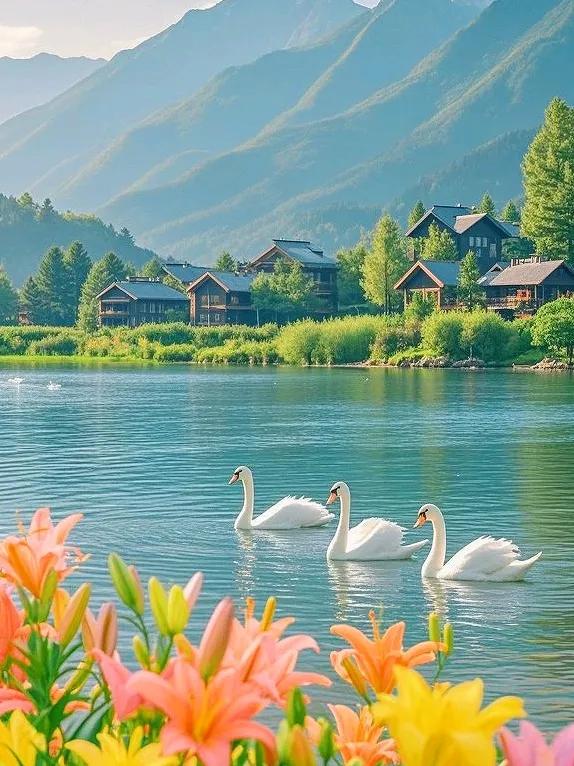 湖光山色相伴，百合花繁花似锦，这般景色，实在怡人