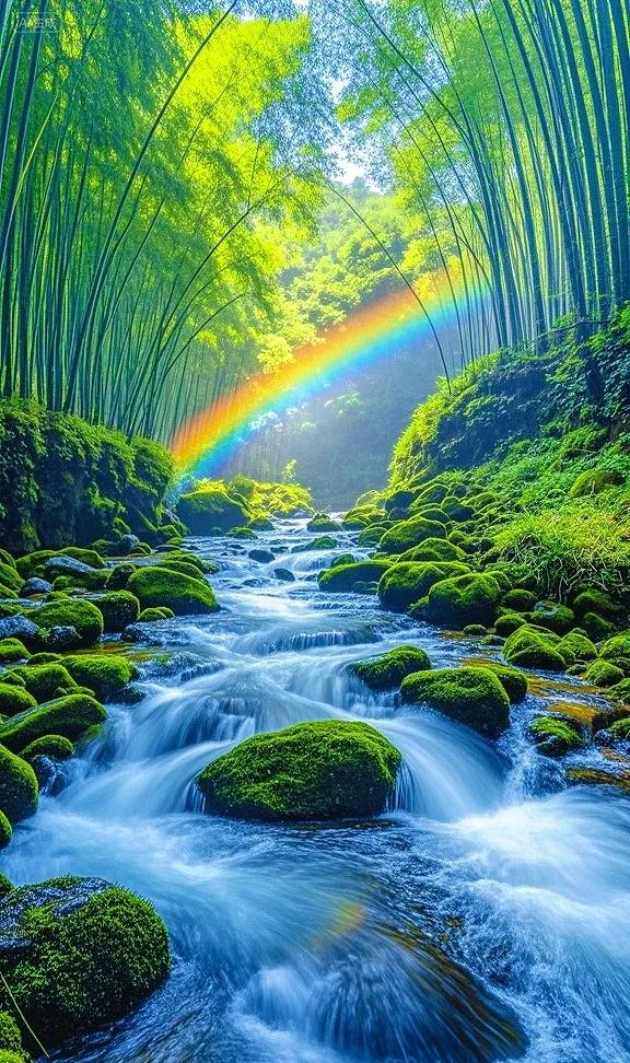 走进翠绿竹林，邂逅潺潺溪流与梦幻彩虹 ，心都被这方天地治愈啦~