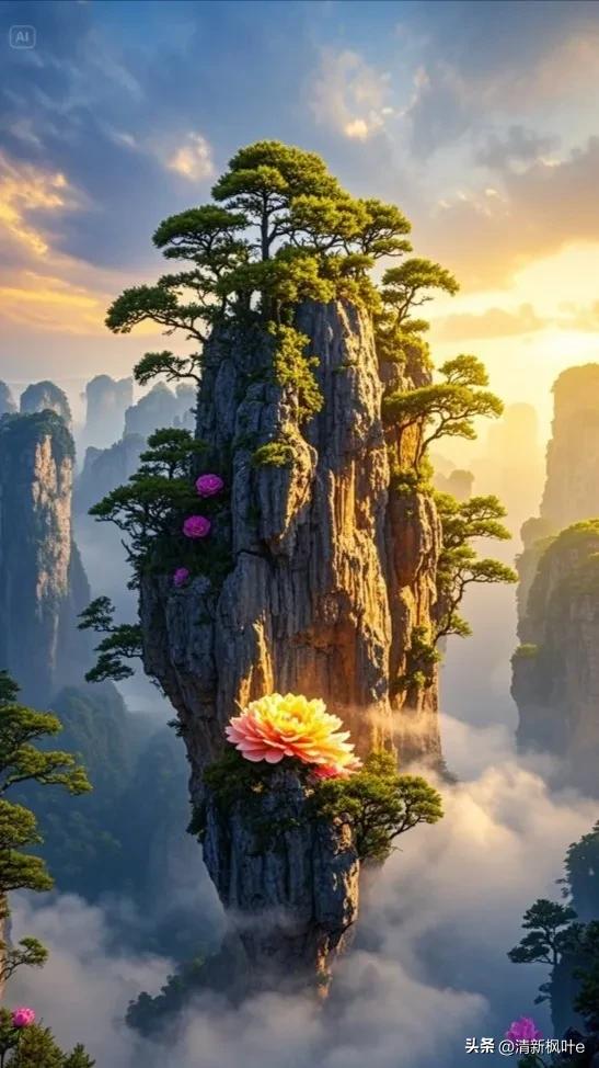 在云雾缭绕的奇幻之境，张家界悬浮山宛如超脱尘世的仙岛傲然矗立