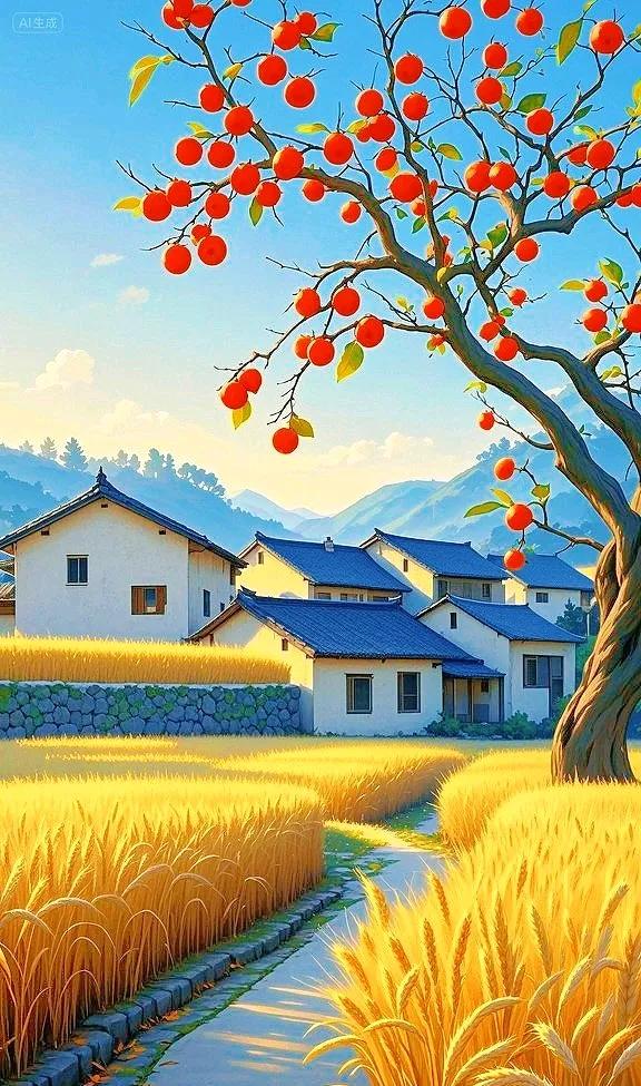 乡村的秋色，金黄麦浪翻涌，红柿枝头添喜，古村静美如画