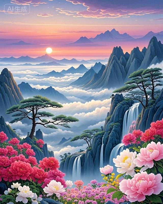 日出铺染云海，瀑落崖间，满坡花簇裹晨光，这山水仙境美极了