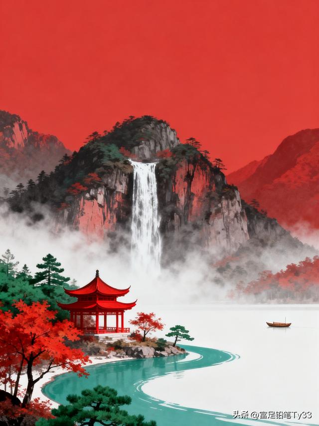 秋日仙境，红叶映碧水，古塔倚瀑布，静谧如画！