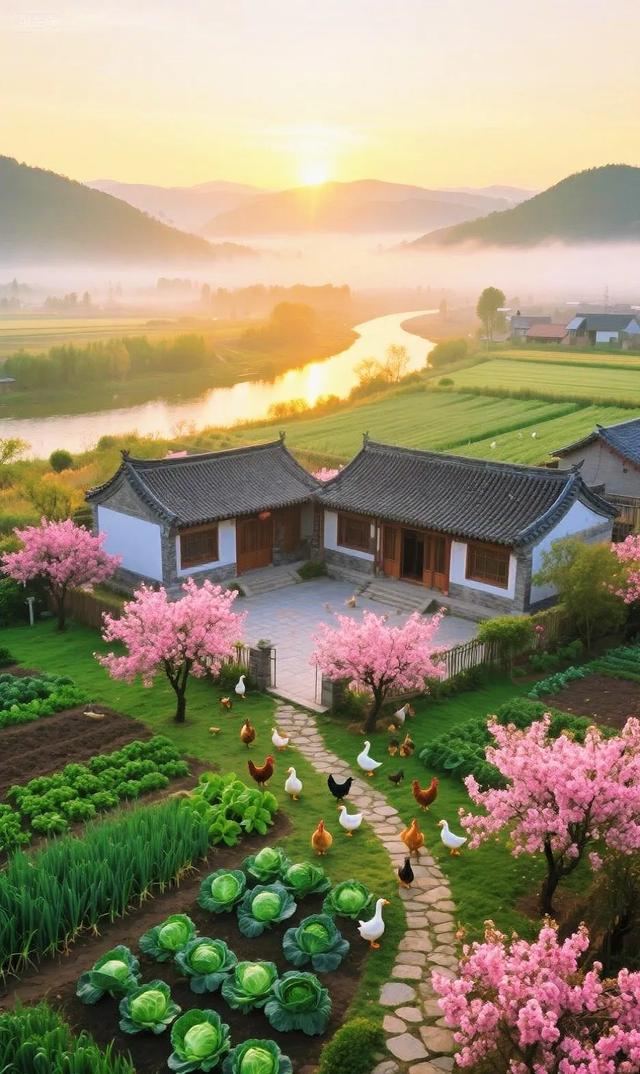 是谁的梦中院子，鸡鸭满园、菜绿花香，远山雾霭超治愈