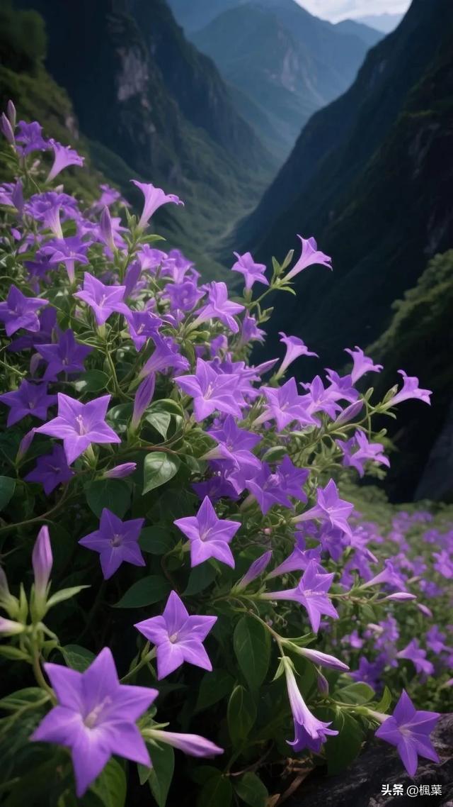 山谷中紫色的羽叶茑萝五角星花盛开，花朵密集地开满花枝。