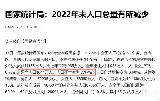 中国将迎人口死亡高峰？22年1041万，23年1100万	，去年死亡多少？