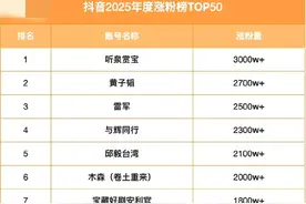 抖音2025年度涨粉榜TOP50，与辉同行第4名，但董宇辉榜上无名图片