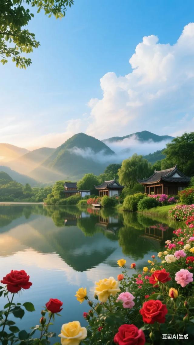 梦幻般的世外桃源，静谧的湖面倒映着古色古香的建筑，宛如仙境！