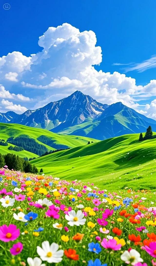蓝天白云、花草交织的景象，格外治愈