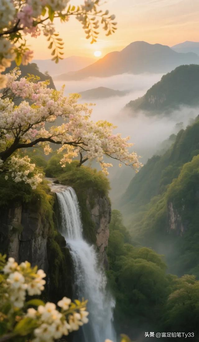 晨曦染瀑！粉花缀满山间，这处仙境藏着童话里的浪漫