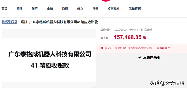广东一家机器人公司破产，3900万应收款债权拍卖，被人15.7万竞得