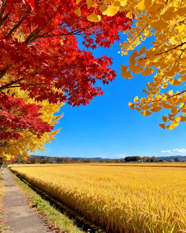 当蓝天撞了枫杏色，稻田就漾开了满季金黄