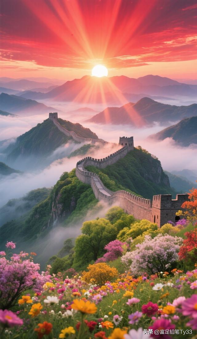 惊叹！长城巍峨处云海花海交织，共绘壮美绝伦之景！