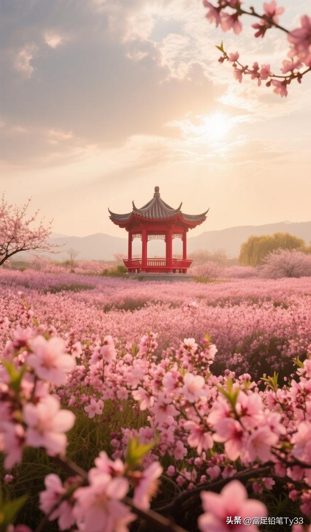 粉嫩花海拥古风亭台 一步踏入幻梦之境