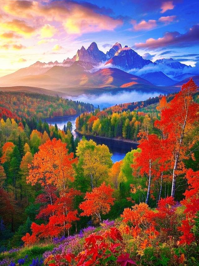 峰隐云间，秋林尽染