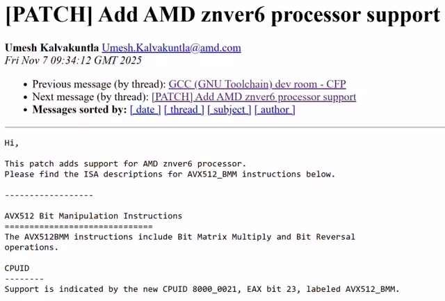 AMD Zen 6 核心架构曝光：支持 AVX512 FP16 与 VNNI INT8 指令集