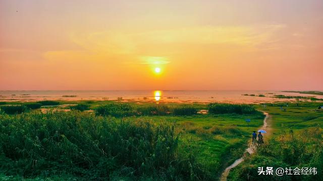 每日一景|石臼湖溧水张许村栈桥赏 “橘子海” 夕阳，水天交融