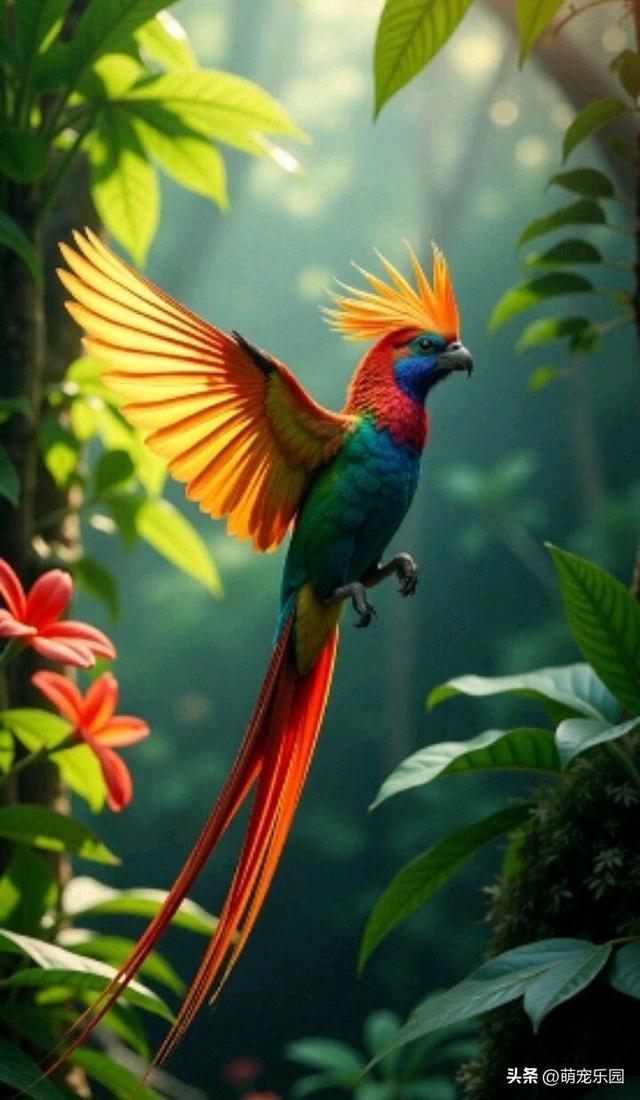 巨石上红绿羽毛闪耀，森林霸主静立姿态，原始力量令人心生敬畏