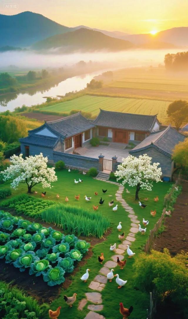 是谁的梦中院子，鸡鸭满园、菜绿花香，远山雾霭超治愈
