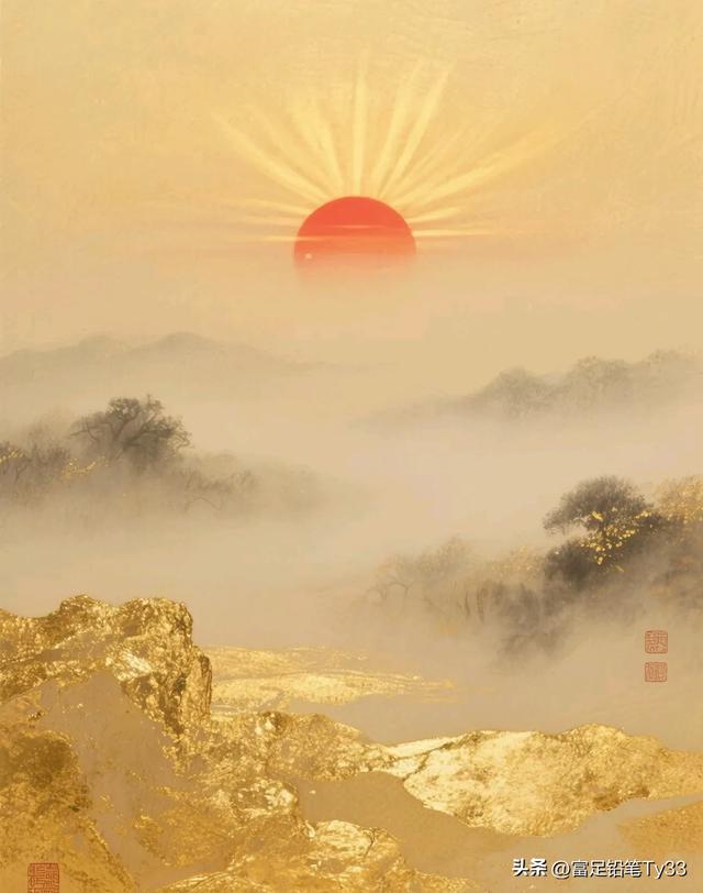 梦幻时分日西沉，云海翻涌浪波奔，金光闪耀天际处，瑰丽壮美动人
