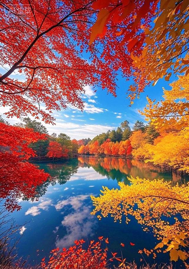 一湖秋韵：红金枫影落清波