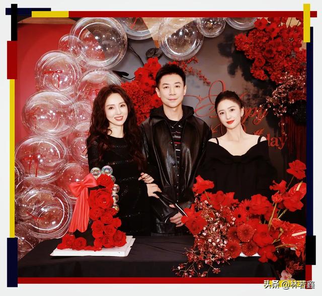 佟丽娅为董璇庆生，晒与董璇张维伊合影，张维伊穿着皮衣帅气十足