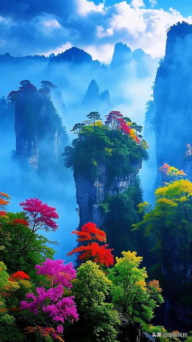 云雾若轻纱，缠绕于嶙峋石柱之间