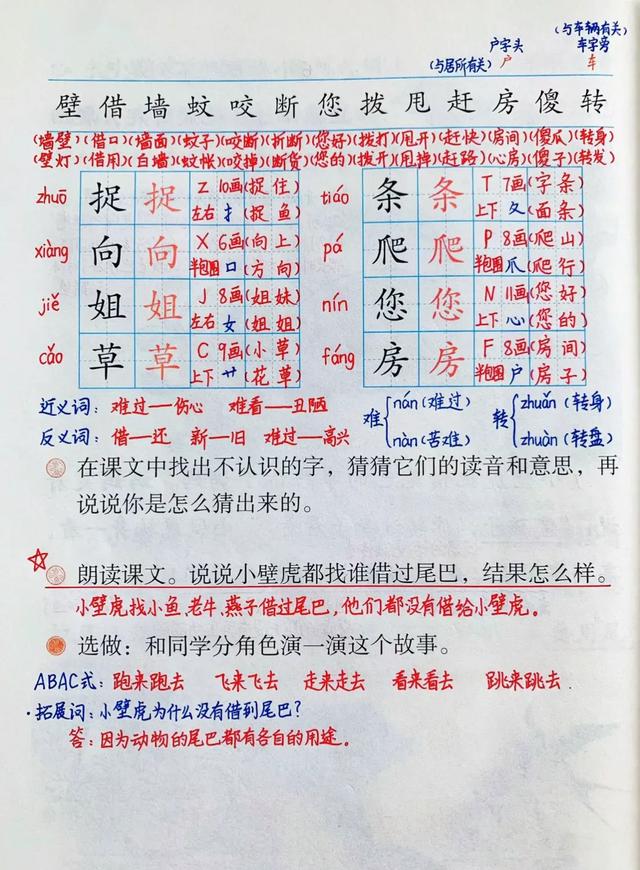 一年级语文下册,第八单元20课《小壁虎借尾巴》笔记+解析,收藏
