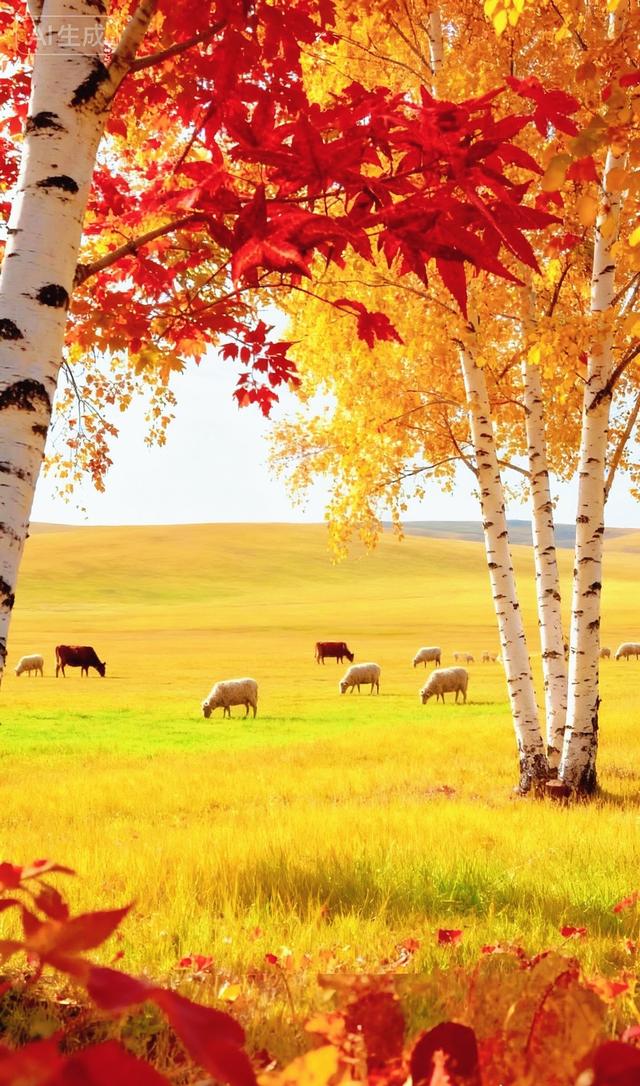 红枫垂帘，牧群踱过金绿原野