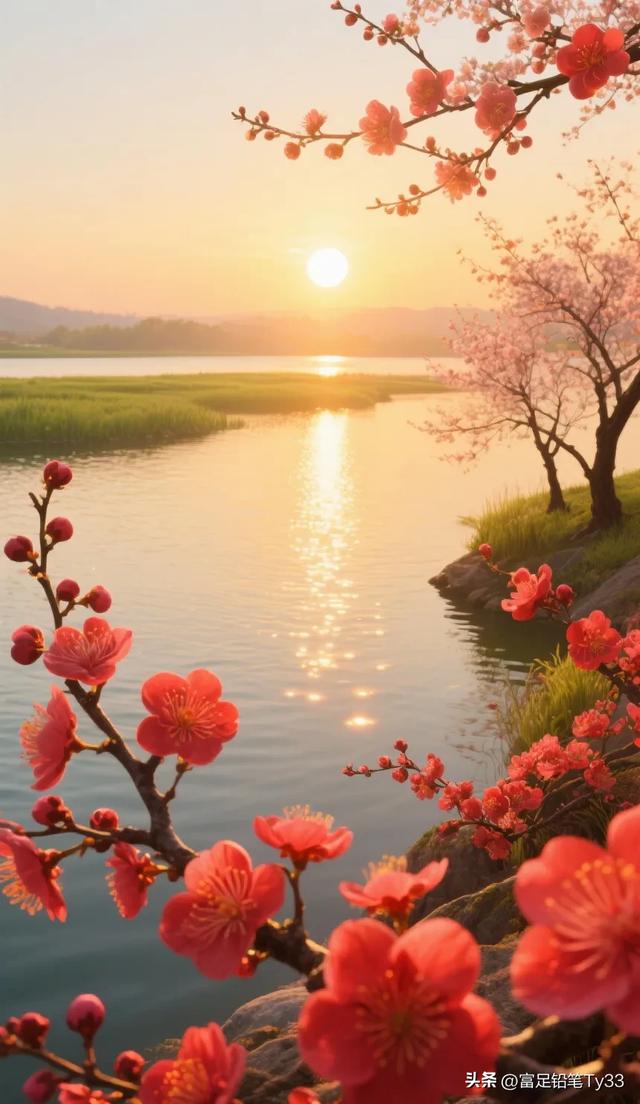 夕阳西下，粉嫩樱花与余晖相映，静谧湖面金光闪烁，美如梦幻之境