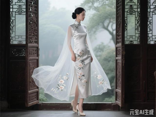 米白色梦幻旗袍美女图片鉴赏（末尾附ai提示词）