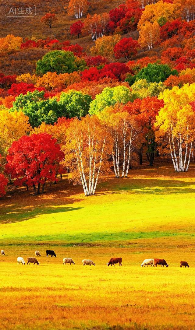 层林染金：秋野里的牛羊与彩树