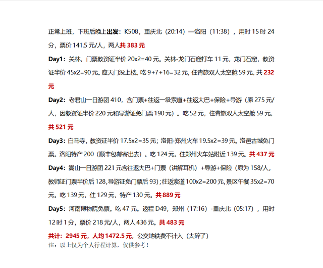 自由行，重庆-洛阳-郑州，五天四晚