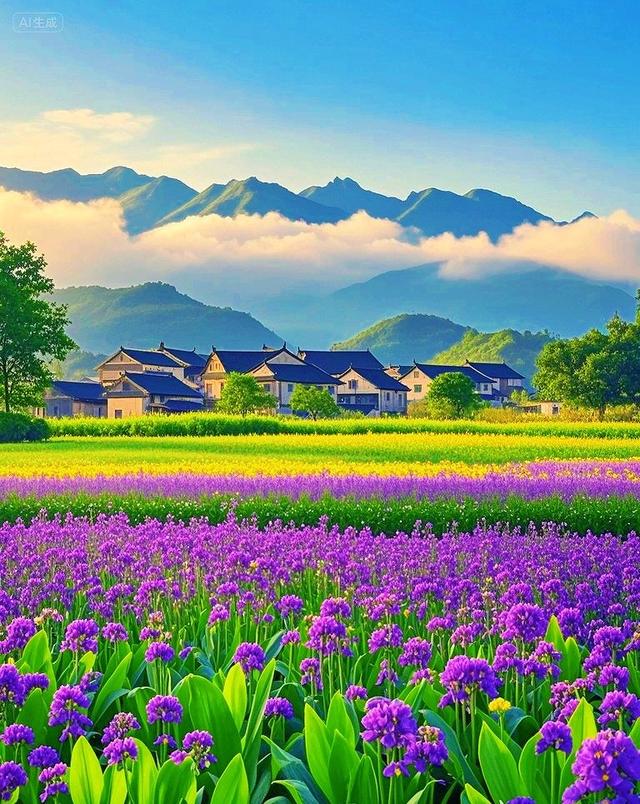 紫色花海、彩色花田、村庄、青山、蓝天，太治愈了