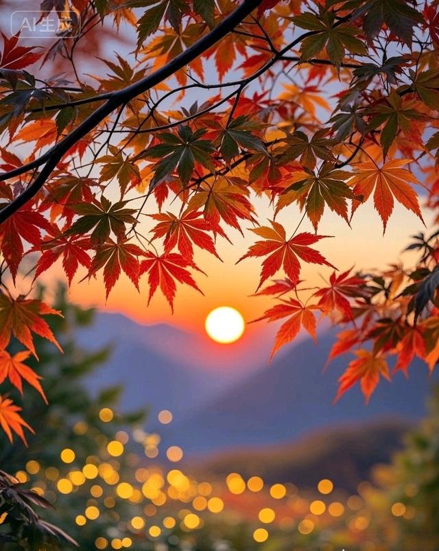林间观日，枫叶似火