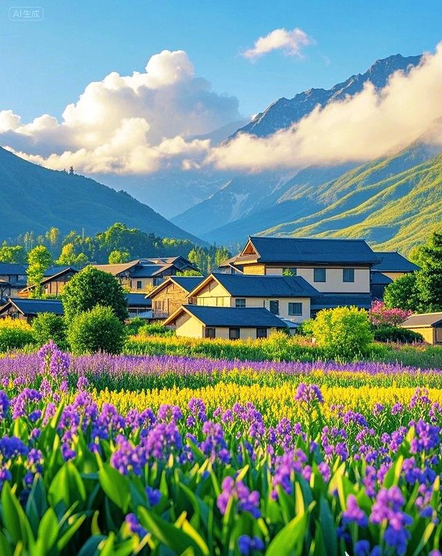 紫色花海、彩色花田、村庄、青山、蓝天，太治愈了