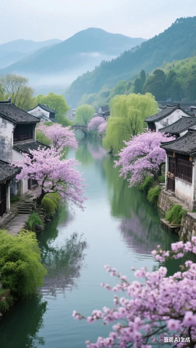 粉黛染春，水乡漾波，千年梦魂，系此烟霞，风过回廊诉旧盟！