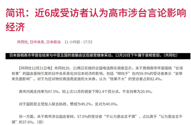 中日关系恶化影响来了，高市早苗民调下滑	，仍有过半数支持其言论