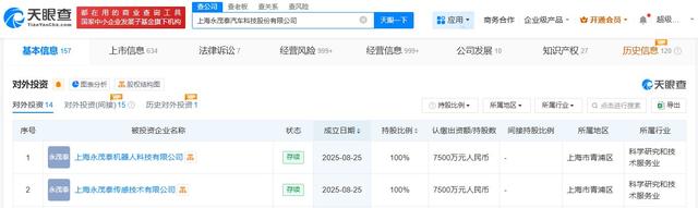 永茂泰成立机器人和传感技术公司 注册资本合计1.5亿