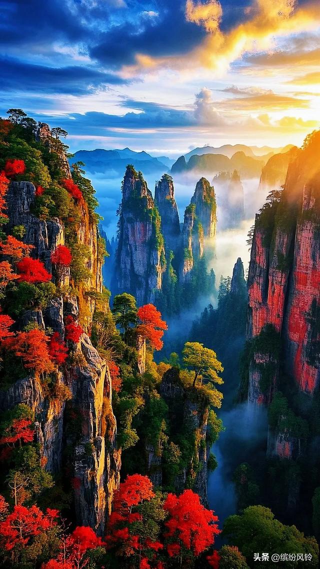 云雾若轻纱，缠绕于嶙峋石柱之间