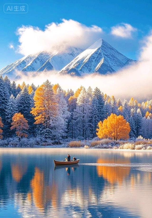 初雪吻过的金林，在镜湖里映成冰峰的温柔