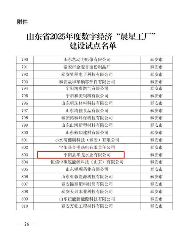 喜报！宁阳县华龙水业有限公司成功入选2025年度山东省数字经济“晨星工厂”建设试点名单